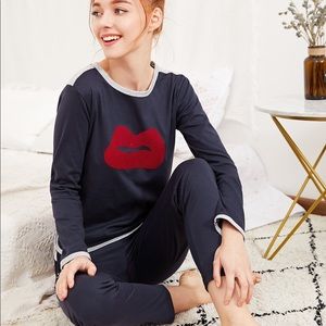 Navy Blue and Red Lip Print Pajama Set
